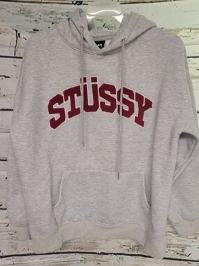 Stussy Gray Collegiate Logo Pullover Hoodie XL Streetwear Boxy Fit Unisex